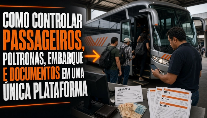 Passageiros embarcam em ônibus rodoviário enquanto funcionário confere a lista no celular, com passagem, BP-e, CT-e e MDF-e sobre o balcão