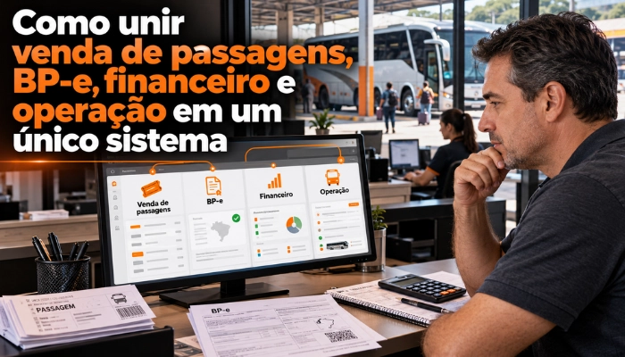 Gestor de viação analisa no monitor um painel único com módulos de venda de passagens, BP-e, financeiro e operação, com bilhetes e calculadora na mesa