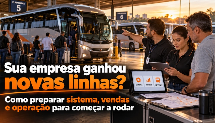 Equipe de viação planeja novas linhas na plataforma da rodoviária ao entardecer, com tablet mostrando sistema, vendas e operação e passageiros embarcando no ônibus