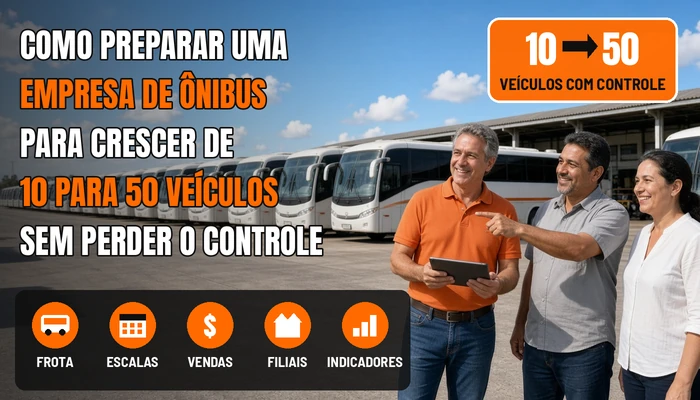 Empresário de ônibus com tablet sorri ao lado do encarregado e da equipe administrativa diante de fileiras de ônibus brancos com faixa laranja em garagem ensolarada